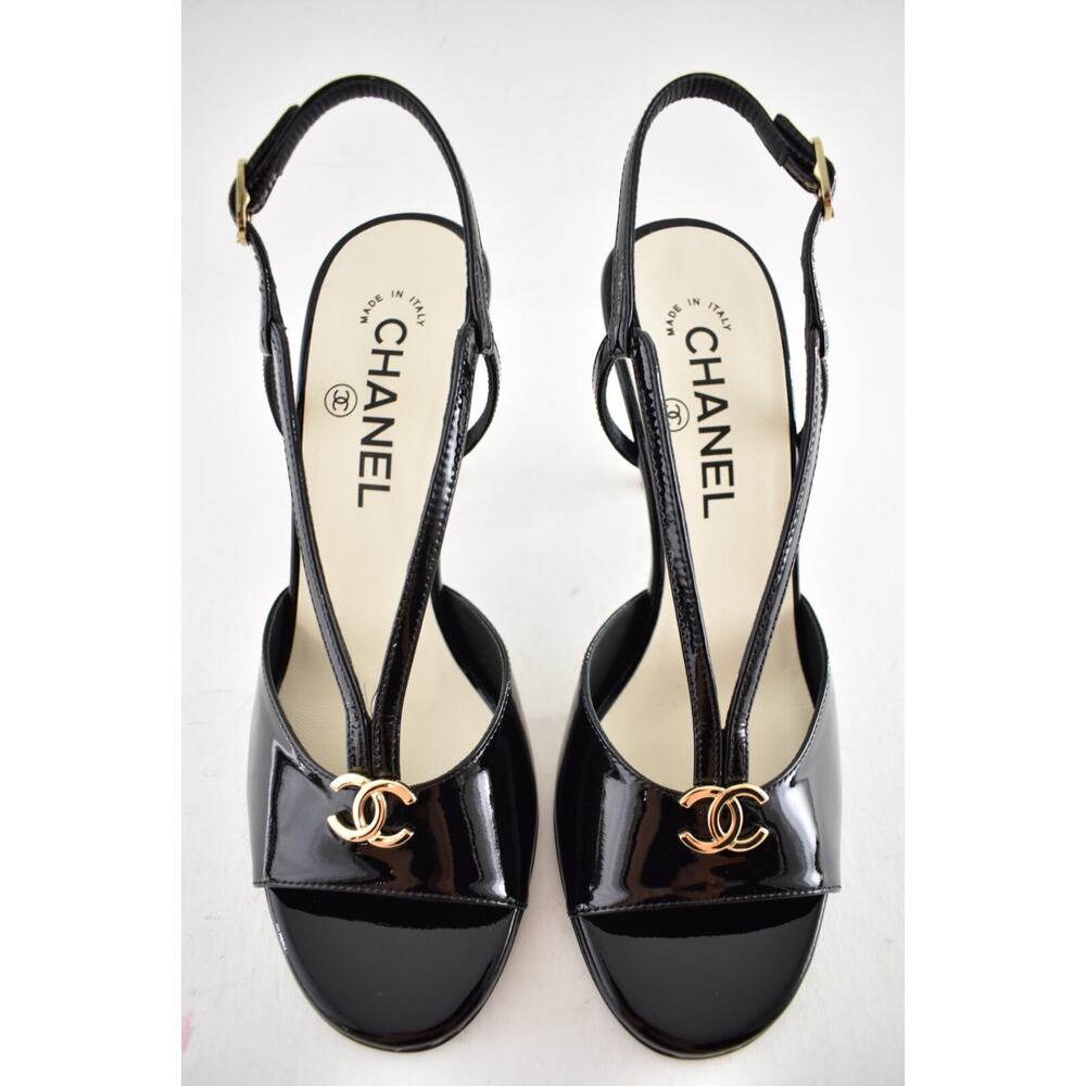 Chanel 23S Black Patent Leather CC Logo Pearl Heel Ankle Strappy Sandal Pump 37 - Picture 9 of 15